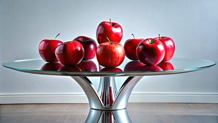 Red apples on a glass table in the interior.の素材