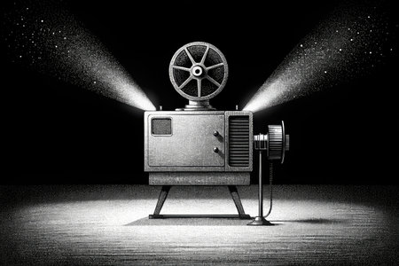 Old movie projector on a black background.の素材