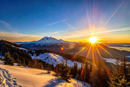 Beautiful winter landscape in the mountains. Sunrise in the mountains.の素材