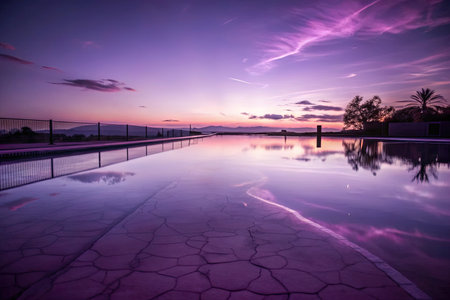 Sunset at the swimming pool with reflection in waterの素材
