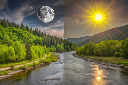 Landscape of the mountain river and the moon in the sky.の素材