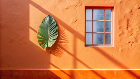 Window with shadow and green leaf on orange wall. Copy space.の素材