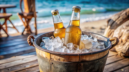Bottles of beer in ice bucket on the beach. Concept of summer vacationの素材