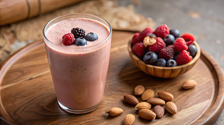 Smoothie with blueberries, raspberries and almonds in a glassの素材