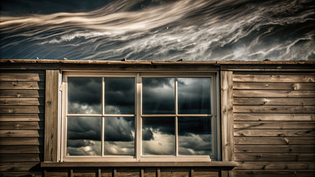 Stormy sky over a wooden house. Dramatic clouds in the sky.の素材