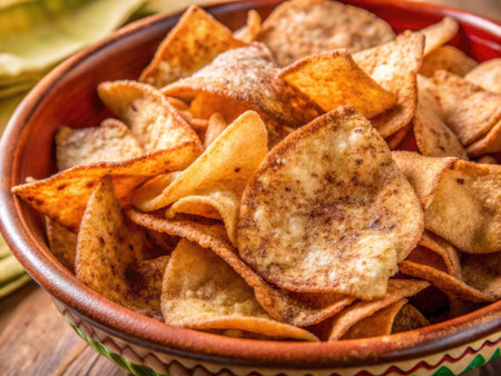 Crispy corn chips in a clay bowl on a wooden tableの素材