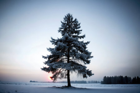 Pine tree in the winter forest at sunset. Beautiful winter landscape.の素材