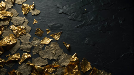 golden confetti on a black background. Festive background.の素材