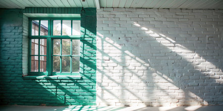 Green window on white brick wall and shadow from sunlight in vintage styleの素材