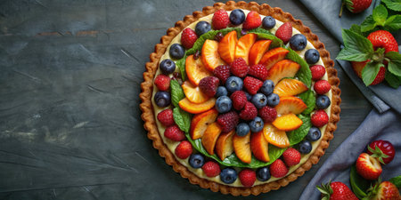 Fruit tart with blueberries, raspberries, peaches and apricotsの素材