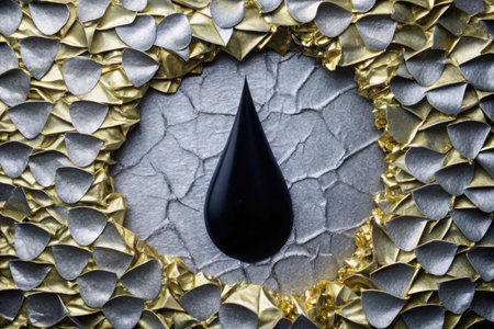 Black oil drop on golden and silver background. Copy space for text.の素材