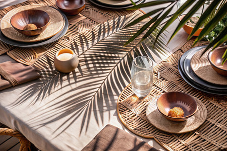 Table set for dinner on the terrace in the garden with palm leavesの素材