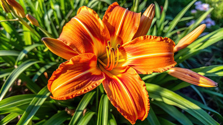 Beautiful orange lily flower blooming in the garden in summerの素材