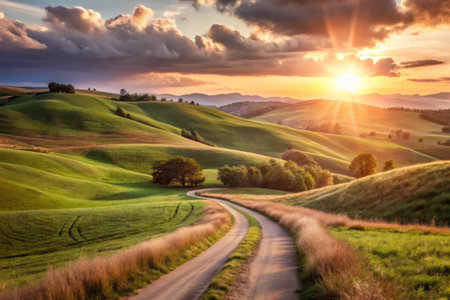Golden sunset over rolling green hills with winding dirt road and scattered treesの素材