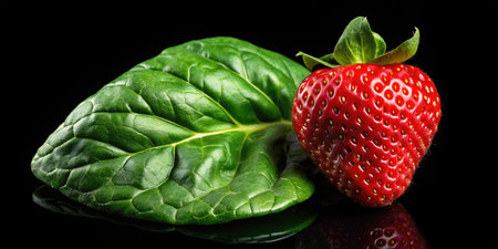 Strawberry and spinach on a black background.の素材