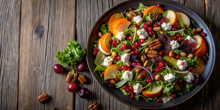 Fresh fruit salad with feta cheese, cranberries, walnuts and pine nutsの素材