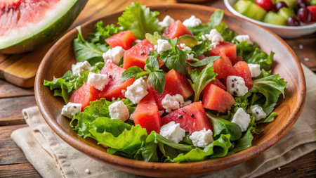 Watermelon salad with feta cheese and fresh green salad on wooden backgroundの素材