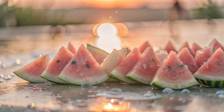 Watermelon slices on the table in the garden. Summer background.の素材
