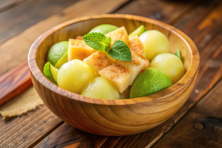 Fruit salad with melon, apple and lime in wooden bowlの素材