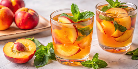 Refreshing summer sangria with peaches and mint in glassesの素材
