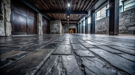 Interior of a room with a stone floor in a modern buildingの素材