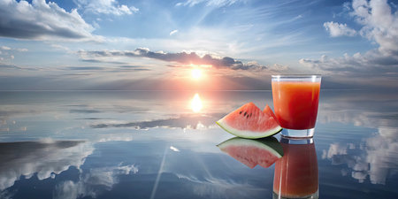 Fresh watermelon juice in a glass and fresh watermelon on the background of sunsetの素材