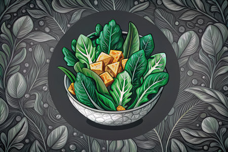 Bowl with chinese cabbage and tofu. Vector illustration in sketch style.の素材
