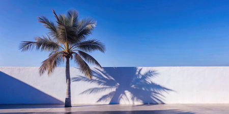 palm tree on the background of the blue sky and white wallの素材