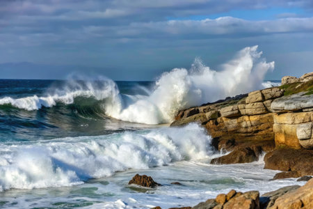 Seascape with big waves breaking on the rocky coastの素材