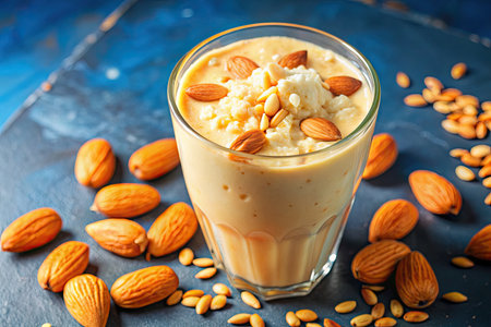 Creamy milkshake with almonds in glass on blue backgroundの素材