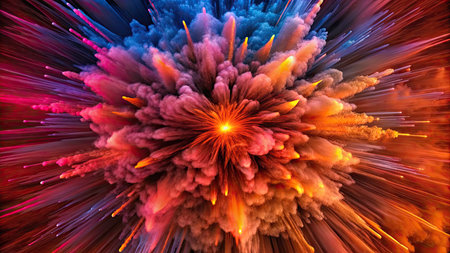 Vibrant abstract burst of colorful energy explosion with radiant streaks and dynamic depthの素材