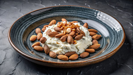 Cottage cheese with almonds on a plate on a dark background.の素材