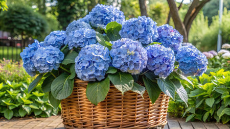 Blue hydrangea blossoms in wicker basket amid green garden foliageの素材