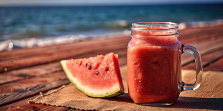 Healthy watermelon smoothie in a mason jar on the beachの素材