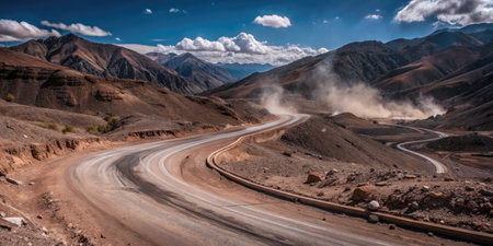 Winding mountain road through rugged arid landscape with dust clouds and warm late afternoon lightの素材