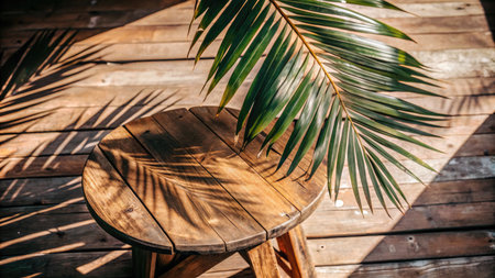Wooden table and palm leaf on the terraceの素材