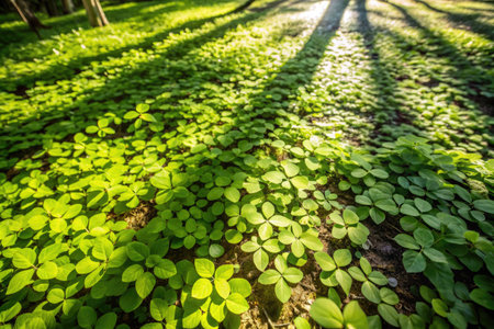 Green leaves on the ground in the forest. Natural green background.の素材