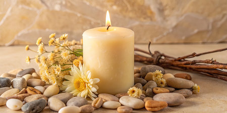 Spa still life with burning candle, stones and flowersle backgroundの素材