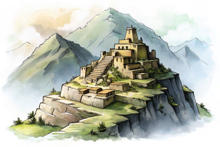 Ancient mountaintop stone settlement watercolor fortress on rugged plateau with terraced buildingsの素材