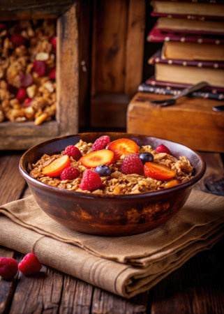 Muesli with fresh berries in a bowl. Selective focus.の素材