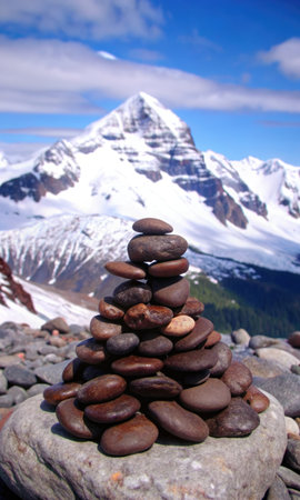 Stacked cairn on rock with snowâcapped mountain peak backdropの素材