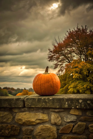 Pumpkin on the background of autumn trees and cloudy sky.の素材