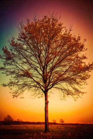 Tree in the meadow at sunset. Nature composition. Vintage style.の素材