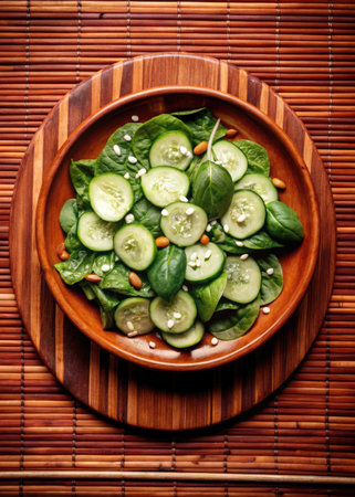 Green salad with cucumber, spinach and sesame seeds on a wooden plateの素材