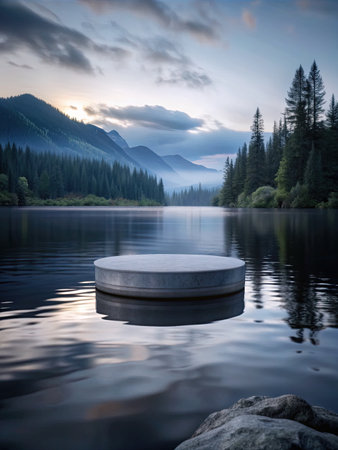 Podium on a lake in the mountains at sunset.の素材