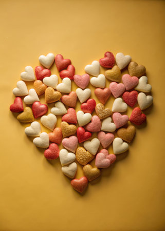 Colorful heart-shaped candies on yellow background. Top view.の素材