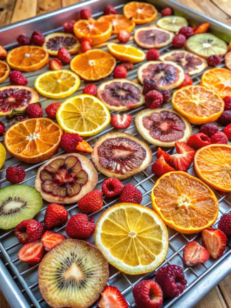 Slices of dried fruits on a baking sheet, top viewの素材