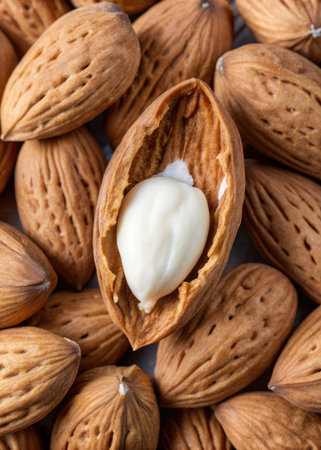 Almond nuts close up background. Healthy food and nutrition concept.の素材