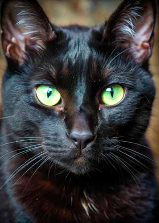 Portrait of a black cat with green eyes. Close-up.の素材