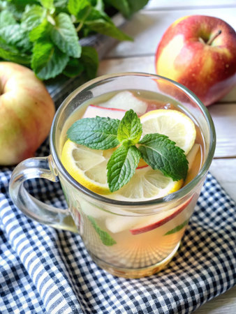 Mint lemonade with apples and mint in a glass cup.の素材